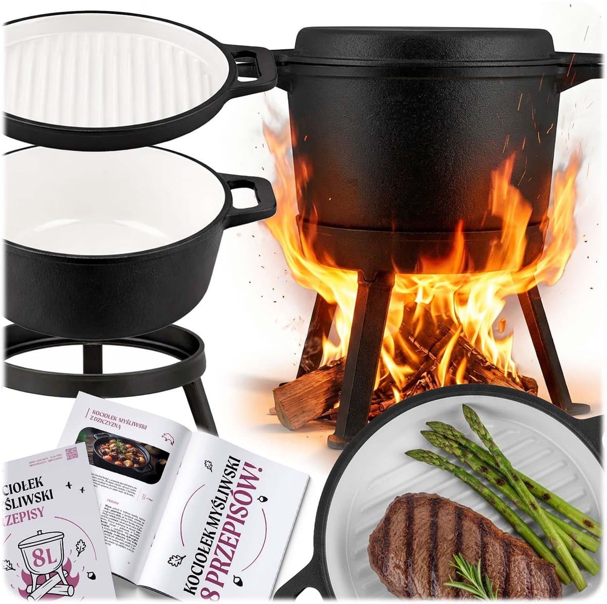 Berdsen - Gietijzeren Kookpot met Grillpan - 8L - Emalje Binnenkant - Geschikt voor Open Vuur