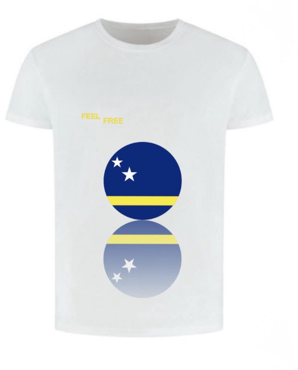 FEEL FREE witte tshirt Curaçao vlag cirkel/spiegelbeeld