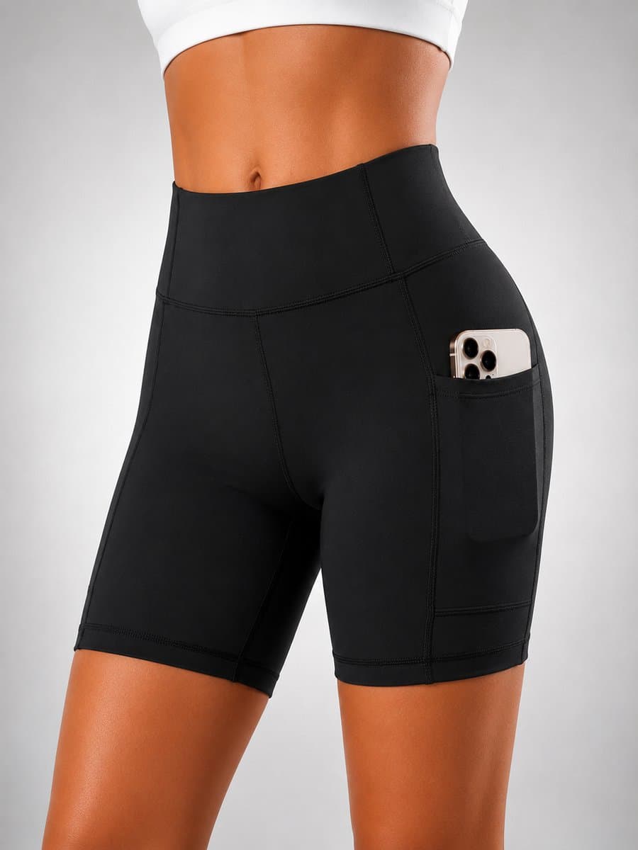 SparkNine Rebel fitness short - korte sportbroek met zakken - XS - zwart - hoge taille - sport - telefoonzak - squatproof - niet doorschijnend