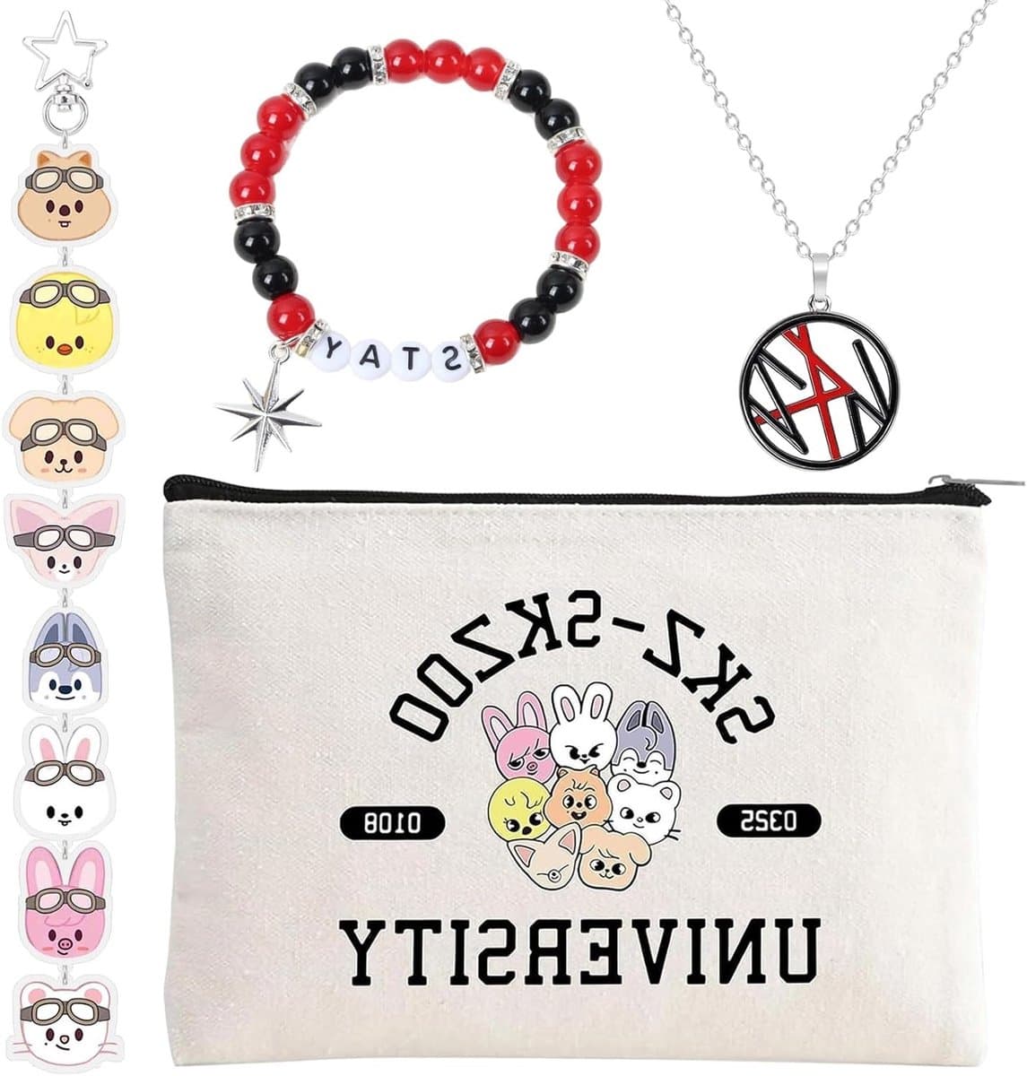 4-delige Stray Kids merchandise set met cosmetica tas, armband, ketting en sleutelhanger - Perfect K-Pop cadeau voor Stay fans