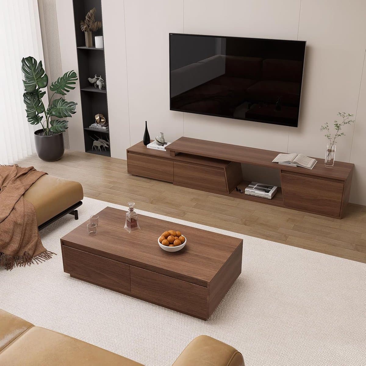 Uitschuifbaar TV meubel 180–280 cm – Walnoot lowboard met 3 laden – TV kast voor 120 inch met opbergruimte & kabelmanagement modern design – Urbanhome
