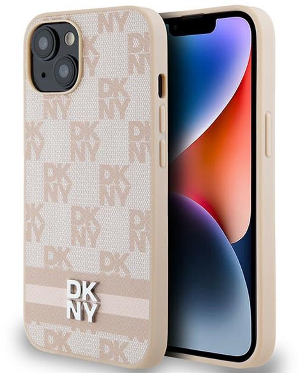 DKNY - Leren - hoesje met geruit monopatroon en gedrukte strepen voor iPhone - 15 - Plus / 14 - Plus - Roze