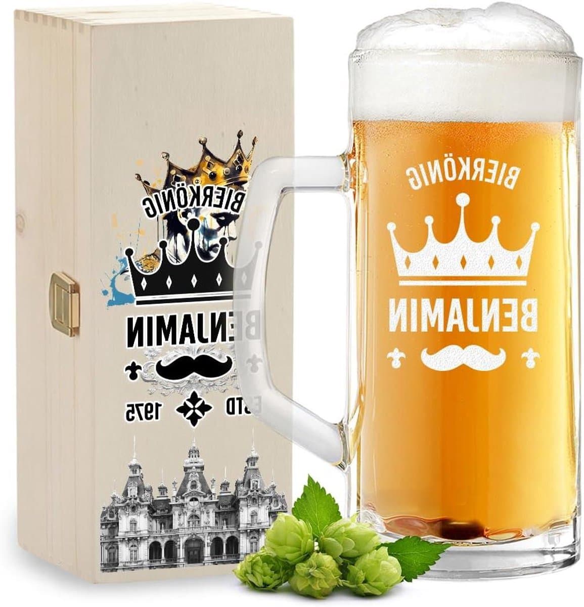 Bierpul met Gravure - Bierglas Pils - Cadeau Geven - Gepersonaliseerde Houten Kist - 05 Liter - Transparant