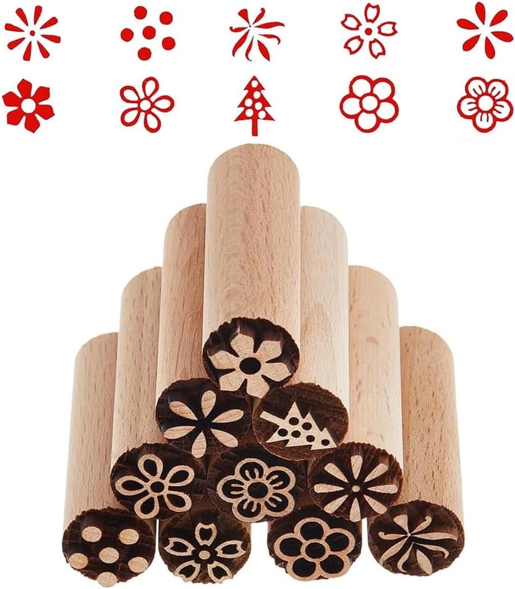 Set van 10 Natuurlijke Houten Stempels voor Klei, Keramiek, Ambachten en Bakken - Ideaal voor Creatieve Projecten en Schilderen