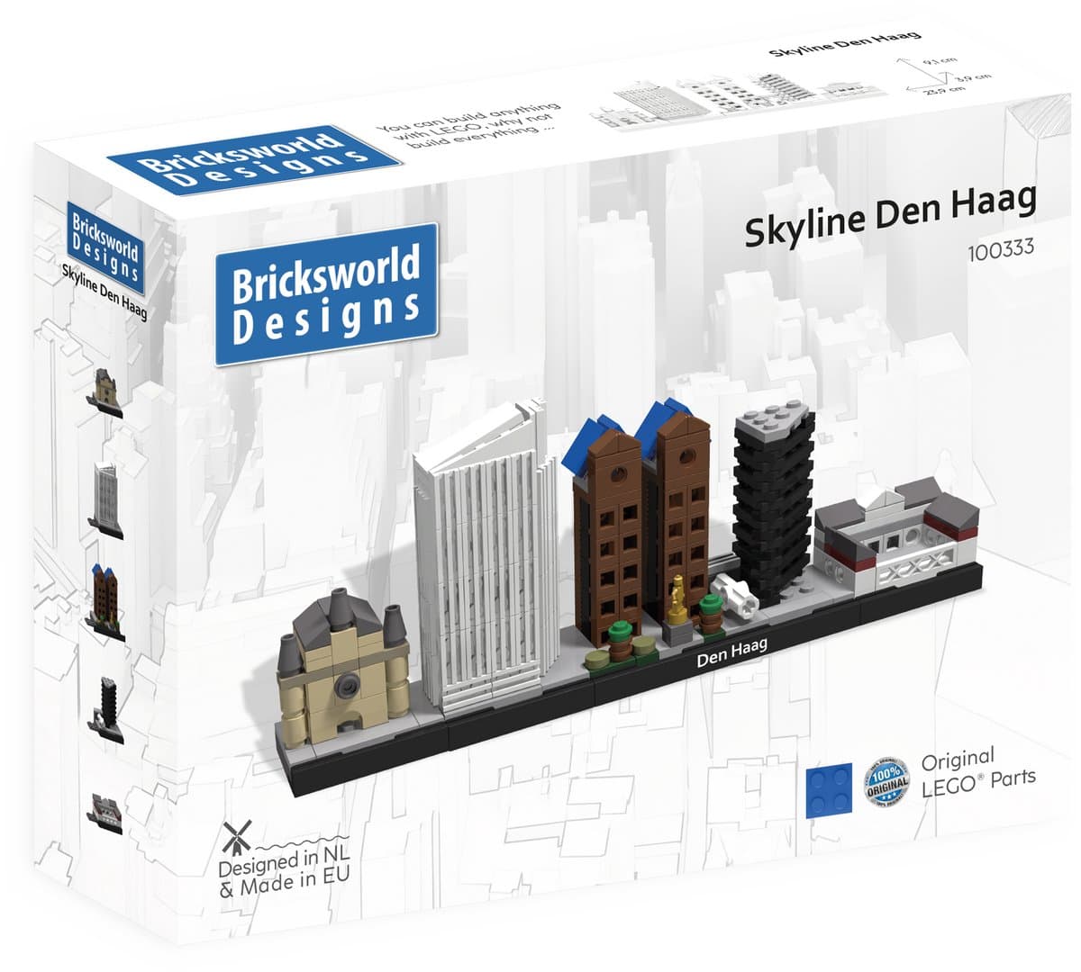 Bricksworld BOC-SKY-DEN Architectuur Skyline Den Haag Binnenhof (NL) modules Ridderzaal, Hoftoren, Castalia, Haagse Toren en Paleis Noordeinde. Samengesteld uit originele nieuwe LEGO® onderdelen.