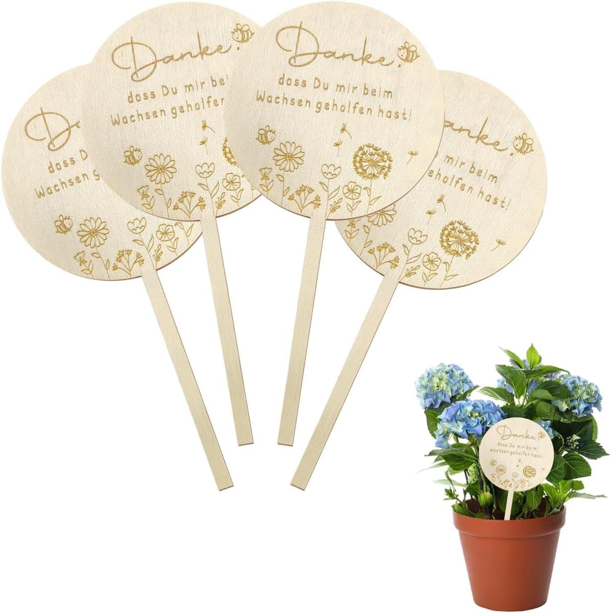 Houten Plantlabels - Plantenstekers - Cadeau Decoratie - Met Bloemenmotief - 4 Stuks - Houtkleur