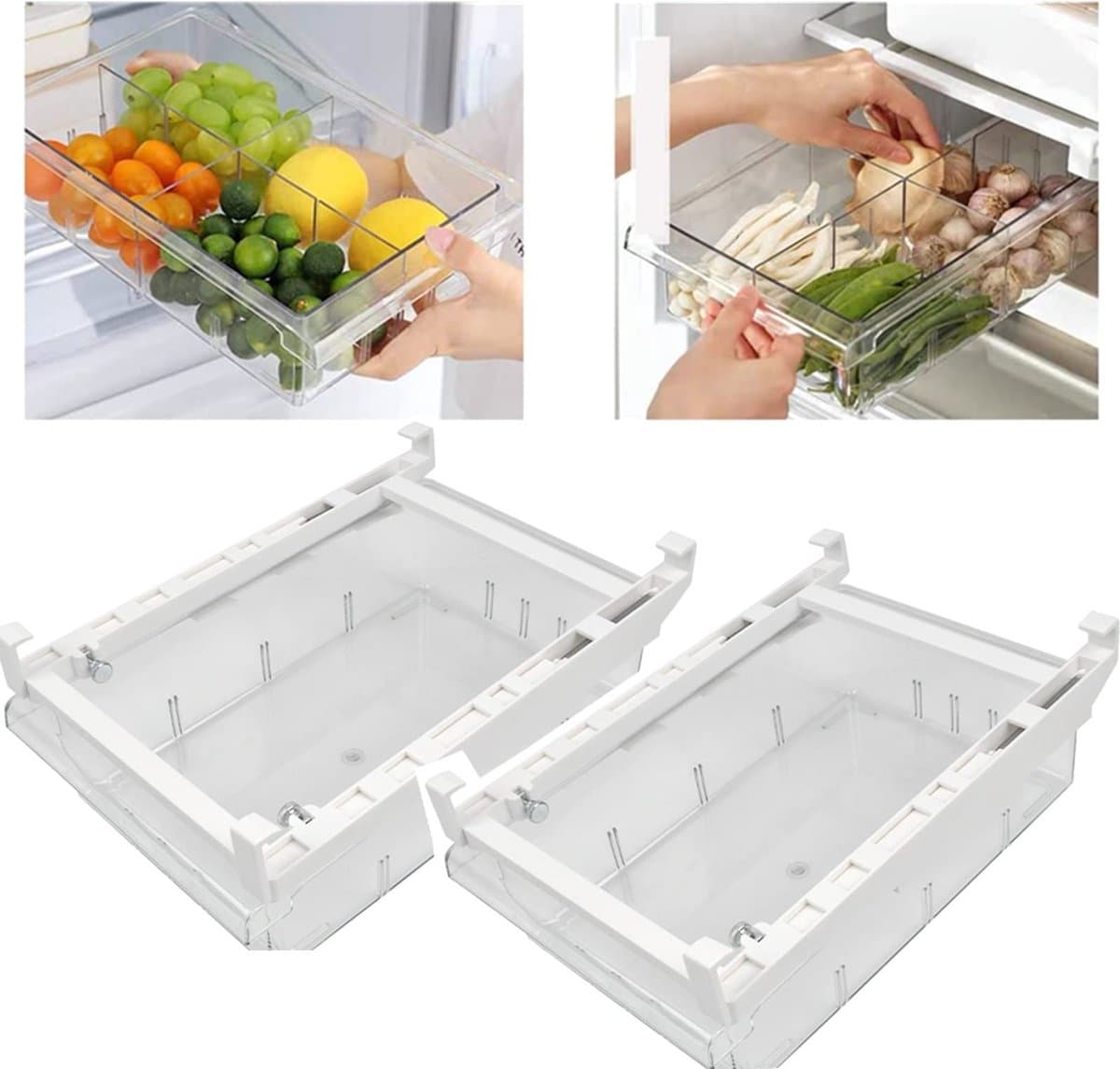 Goodivery ® Koelkastorganizer, 2 stuks, 30,5 x 20 x 9,5 cm, grote uittrekbare opbergdoos voor koelkast, hoogwaardige koelkastbox, container met handvat, geschikt voor koelkastrekken