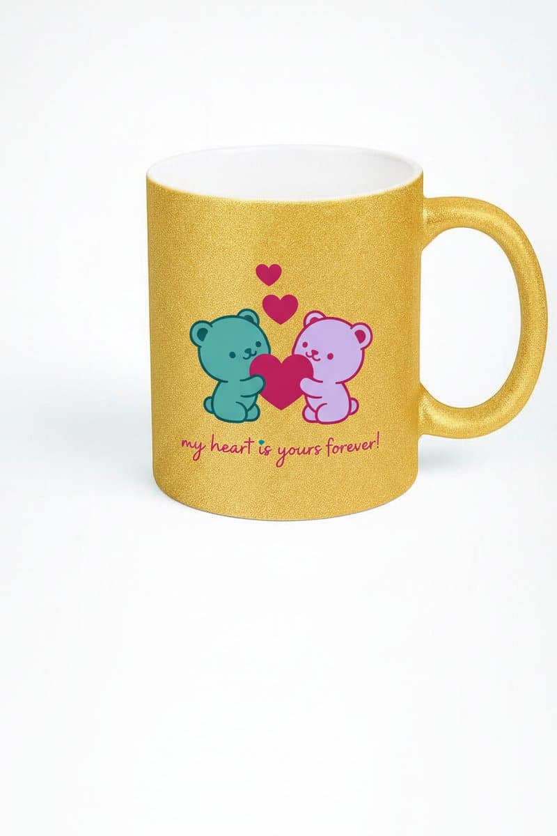 Gouden Glitter Mok Lieve Beertjes Hart - 'My Heart is Yours Forever' - Romantisch Cadeau Valentijn