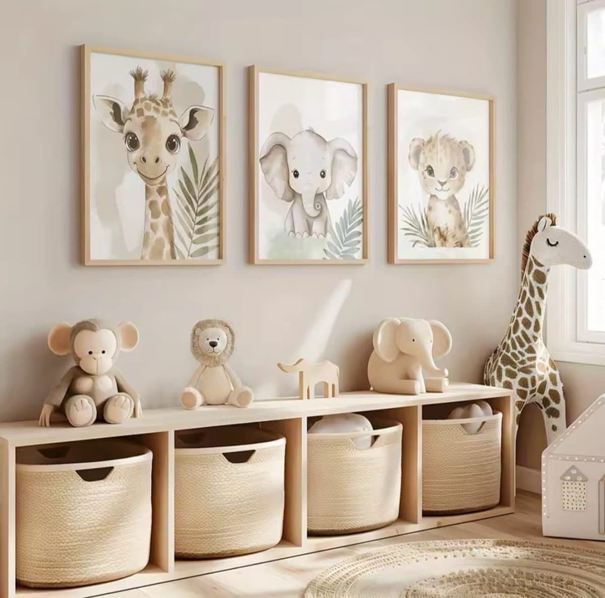 Canvas Posters Babykamer – Set van 3 Jungle Dieren – Giraf, Olifant en Leeuw – A3 – Zonder Lijst