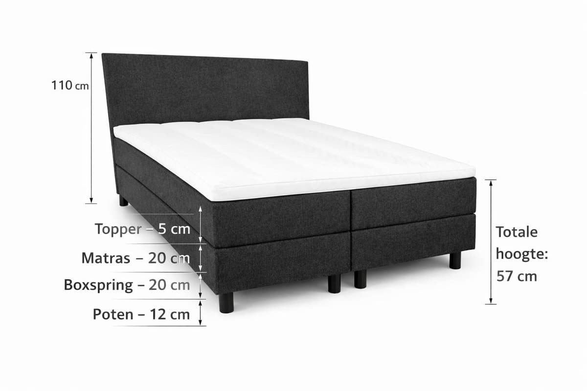Boxspring Ayla Royal - 160x210 Compleet - Antraciet Glad - Ayla Matrassen - 2 persoons