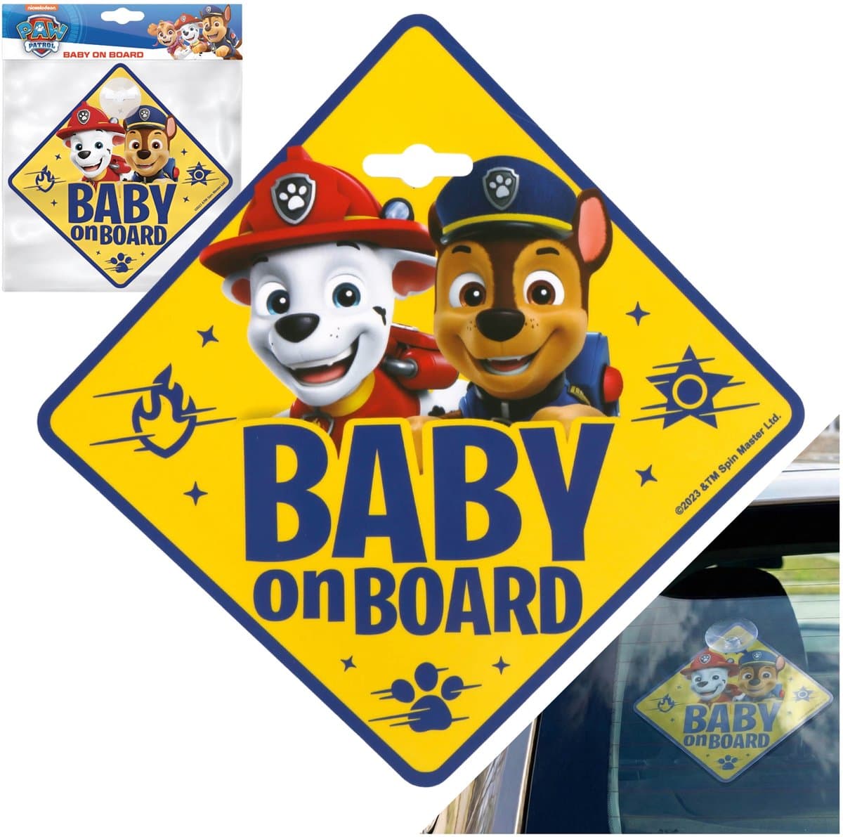 Paw Patrol Marshall, Chase Autoplaatje met zuignap, hangertje voor op de voorruit, autotoebehoren BABY ON BOARD