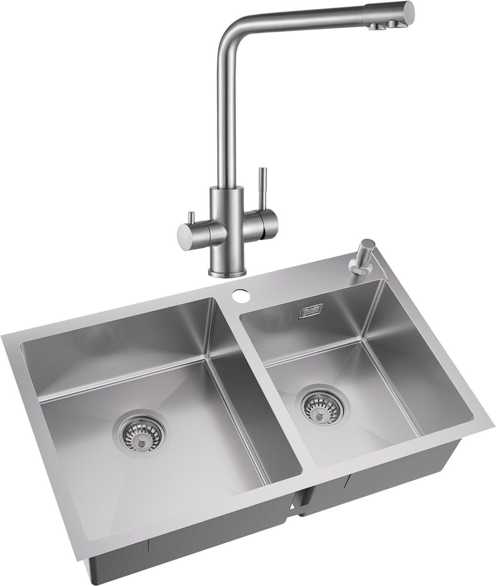 Auralum max Dubbele spoelbak voor keuken 75x45cm - Spoelbak Keuken Met 3 Wege Keukenkraan - Roestvrij staal - Wasbak met waterafvoersysteem - Met zeepdispenser 300ml