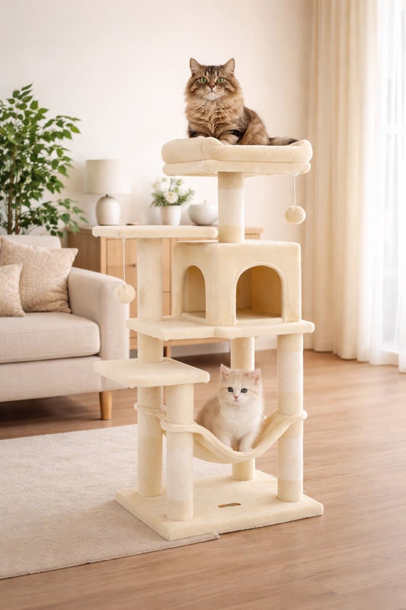 Bobbel Home - krabpaal - 112 cm - stabiele krabpaal met kattenhuis -Beige