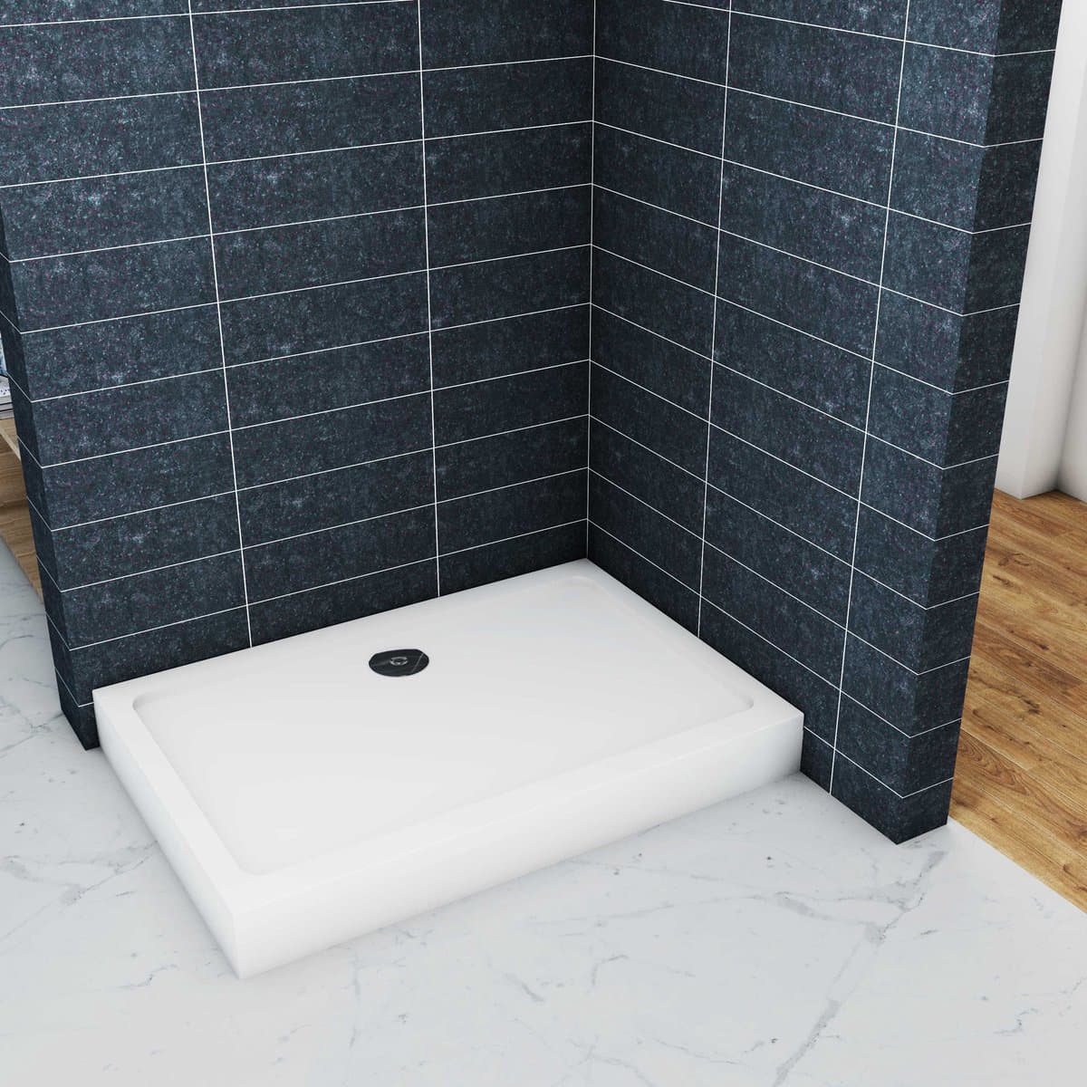 Aica 80x70x3cm witte douchebak rechthoekige gemaakt van een mengsel van natuursteen en hars antislip antibacterieel met douchegoot rooster en afvoer verkrijgbaar in verschillende maten incl. verstelbare poten tot 10 cm