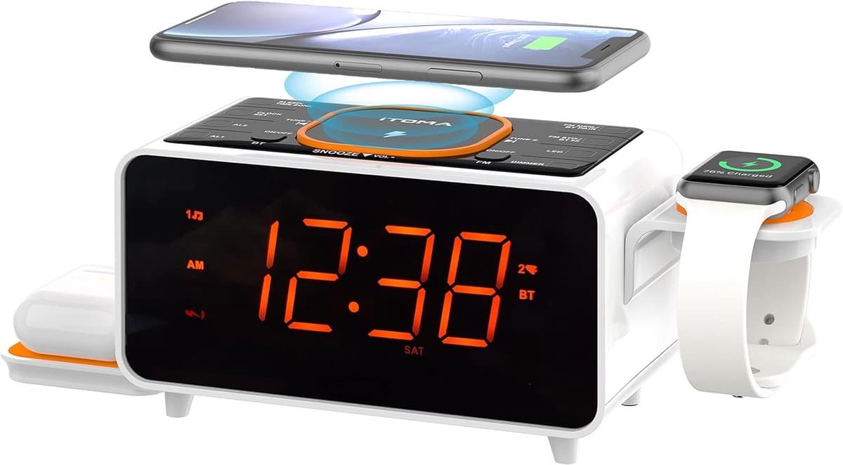 Wekkerradio met Draadloze Oplaadfunctie, Bluetooth, FM-Radio en Dubbel Alarm - Perfect voor Slaapkamer