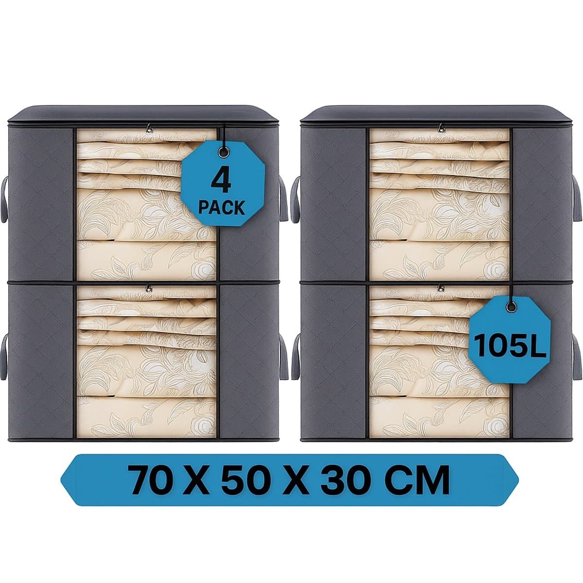 MeubelsvanJoep 4 stuks grote opbergdozen 105 liter, opbergdoos met deksel, versterkte handgreep, kleding, opbergtas, kledingdoos, verhuisdozen voor kleding, jurken, beddengoed, grijs