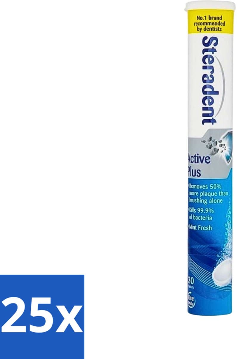 25 x Steradent - Reinigingstabletten - Active Plus - Tegen Tandsteen & Bacteriën - 30 Tabletten - Kunstgebit Reinigen - Tandsteen Verwijderen - Bacteriën Doden - Mondhygiëne - Adem Verfrissen