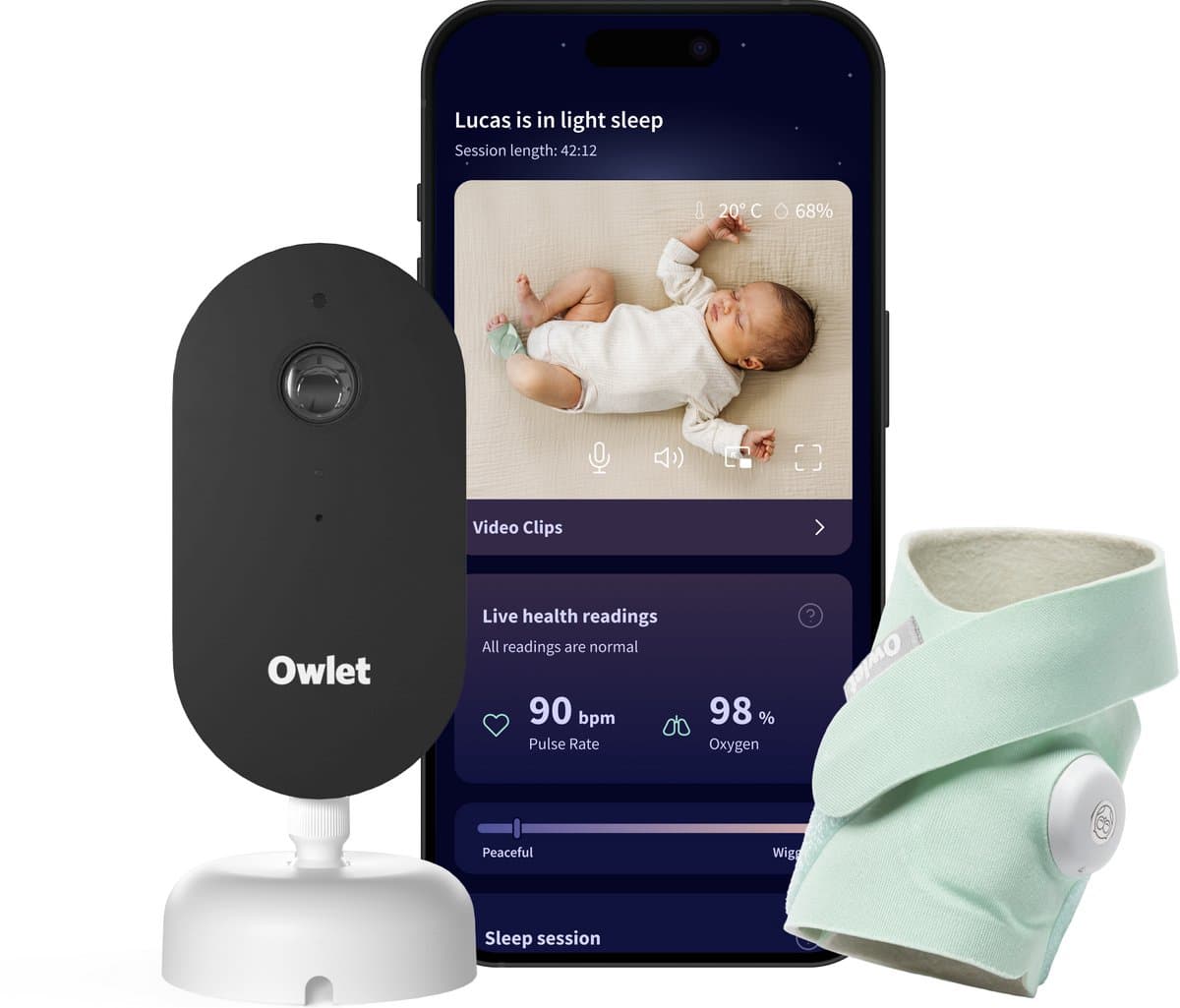 Owlet Dream Duo™ – Babyfoon met camera en baby monitor met alarm – Meet Hartslag, Zuurstof & slaapcyclus van 0 tot 18 maand – Medisch gecertificeerde babyphone - Munt