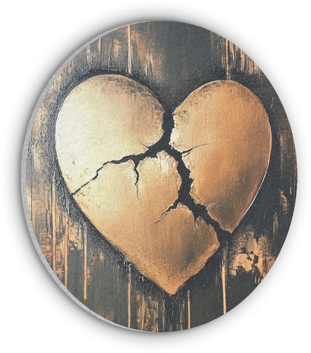 Akoestisch wandpaneel rond 60x60 cm - Vilt schilderij Gebroken hart - Goud - Houtlook - Liefde - Ronde akoestische panelen - Geluidsdempende wanddecoratie - Geluidsisolatie wandcirkel - Muurdecoratie geluidspanelen