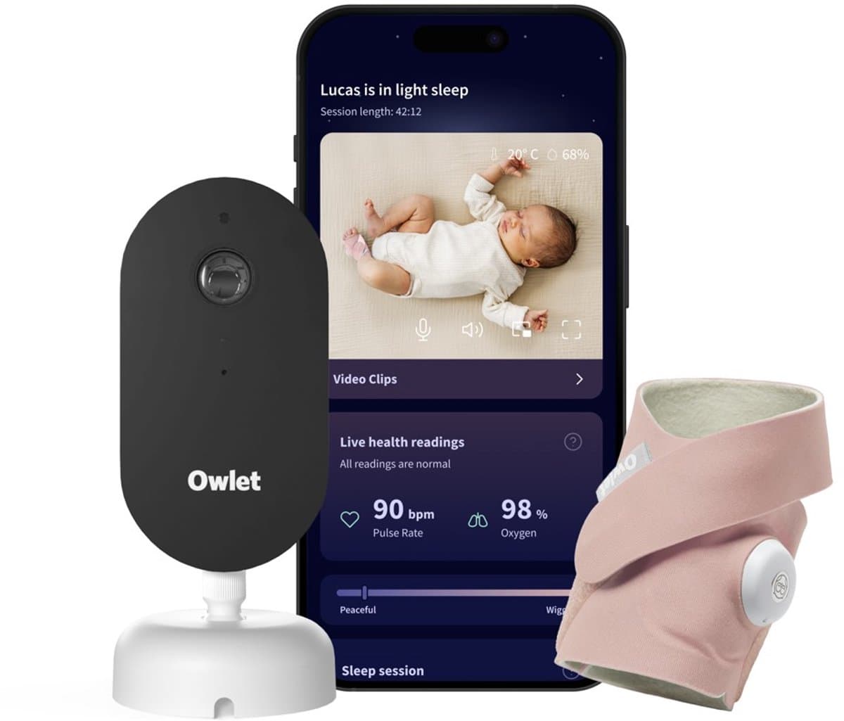 Owlet Dream Duo™ – Babyfoon met camera en baby monitor met alarm – Meet Hartslag, Zuurstof & slaapcyclus van 0 tot 18 maand – Medisch gecertificeerde babyphone - Roze