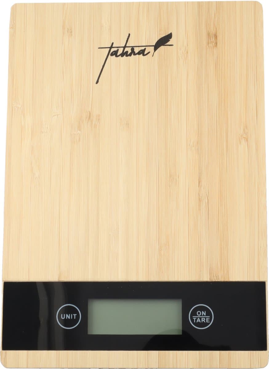 Tahra Digitale bamboe keukenweegschaal - Bamboe weegschaal voor in de keuken tot 5 kg - Digitale weegschaal LCD-display - Voor bakken, koken en huishouden - Inclusief 2x AAA batterijen