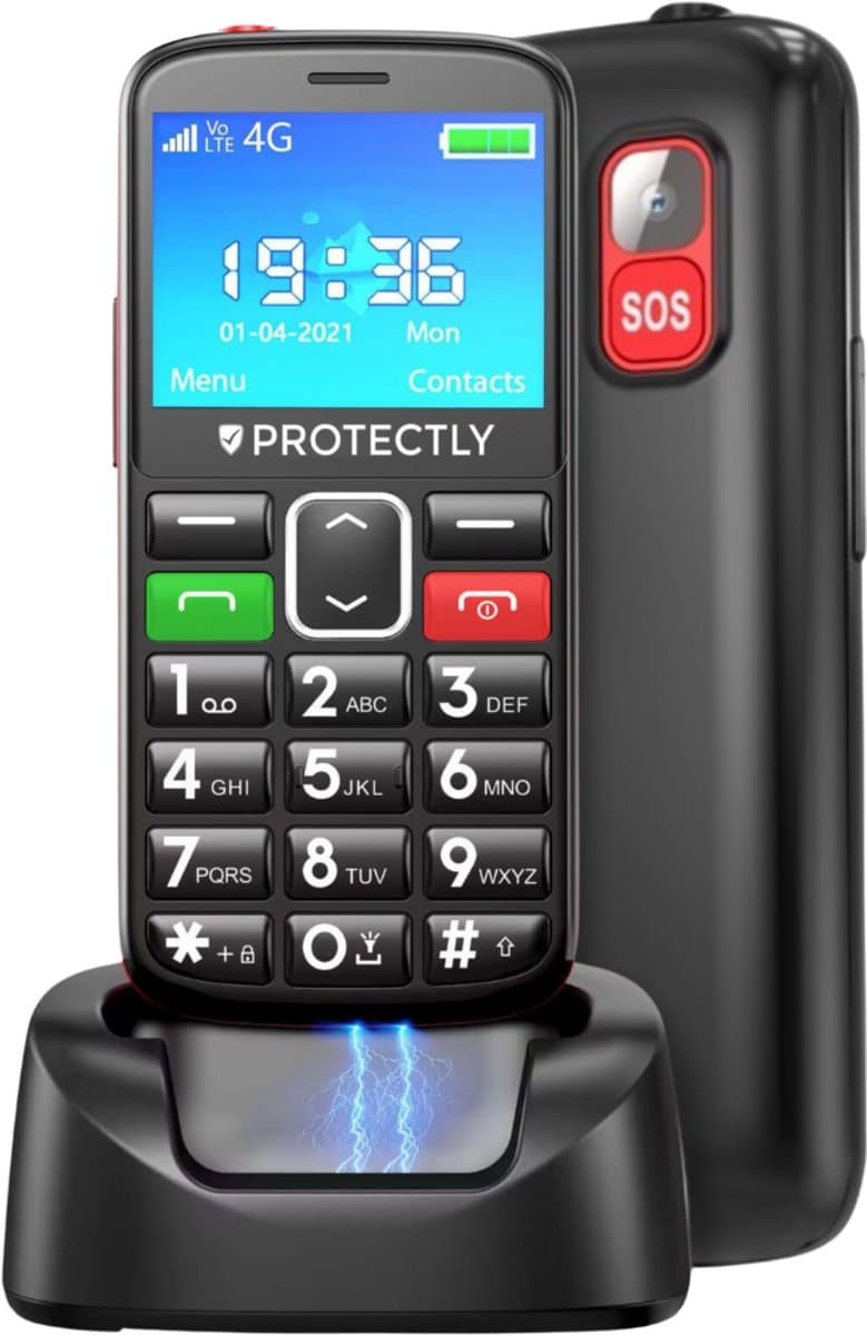 Protectly® Senioren Telefoon V2 - 4G - SOS-Functie - Senioren Telefoon Grote Toetsen Met Kleur - Senioren Mobiele Telefoon - Senioren GSM - Oplaadstation - Simlockvrij - Nederlandstalig - Incl. Simkaart