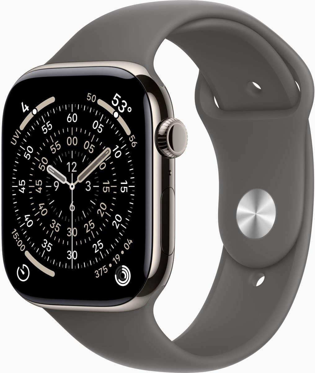 Apple Watch Series 11 GPS + mobiel 46 mm natuurlijke titanium kast met steengrijze sportband - S/M