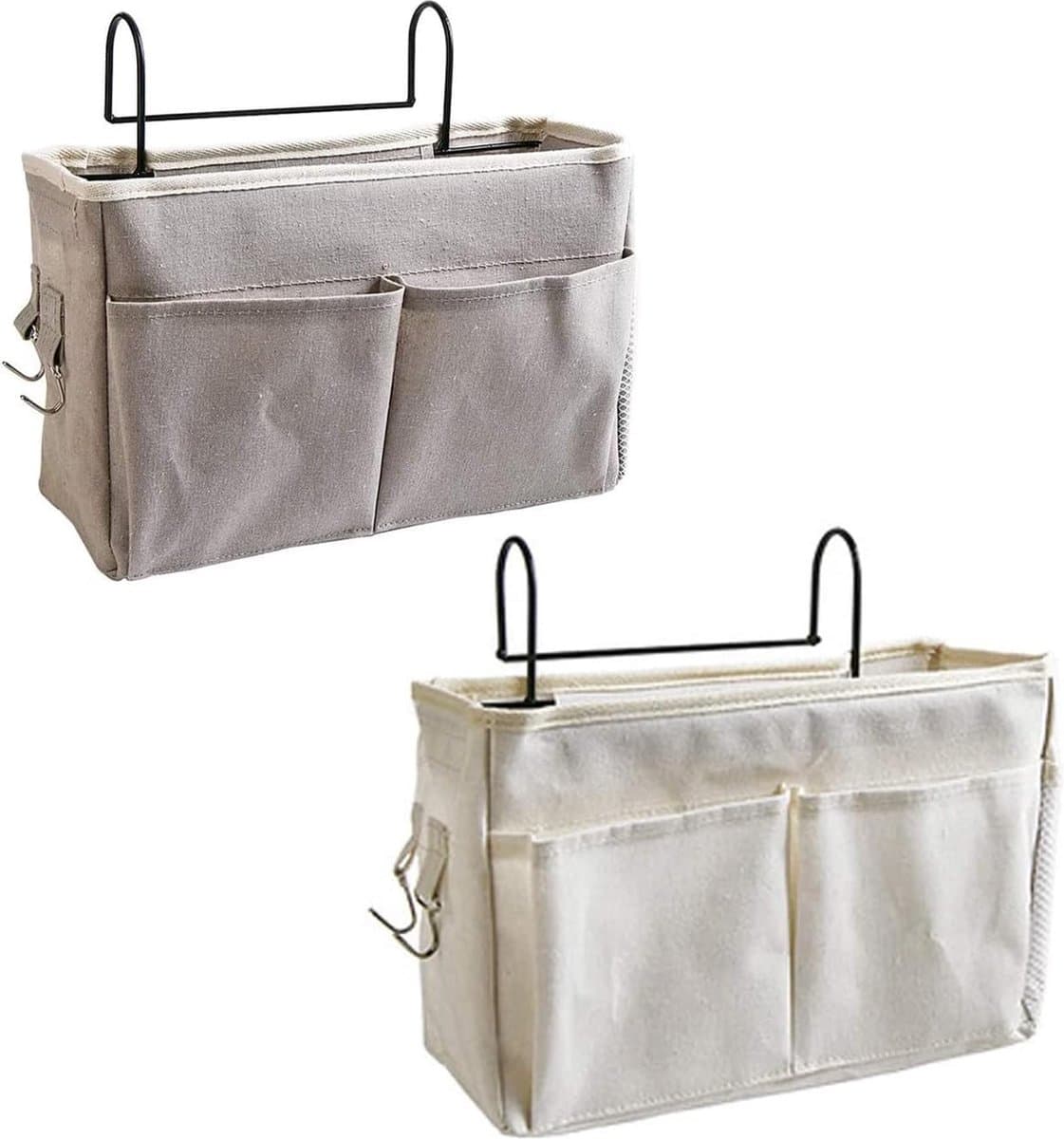 Set van 2 bedzakken, nachtkastje, nachtkastje, hangende opbergtas, met ophanghaak voor kamer, bedrail, boek, tijdschrift, koptelefoon etc. (grijs, wit)