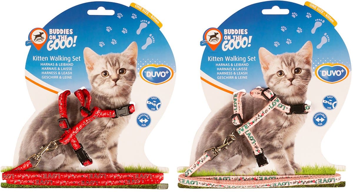 Duvoplus - Uitlaatriem Voor Dieren - Kat - Kitten Wandelset Love 15-25cm / 8mm-125cm Rood/roze - 1st