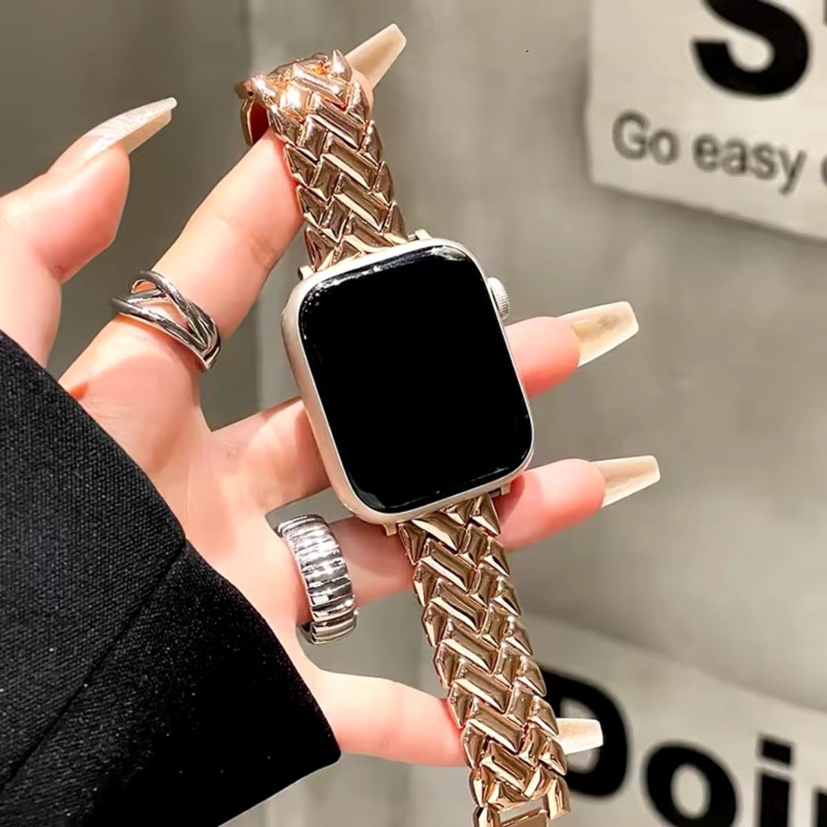 MY PROTECT - Luxe Metalen Visgraat Slim Bandje - Geschikt Voor Apple Watch Bandje - Series 1/2/3/4/5/6/7/8/9/10/SE/Ultra - 44mm - 45mm - 46mm - 49mm - Rosé goud