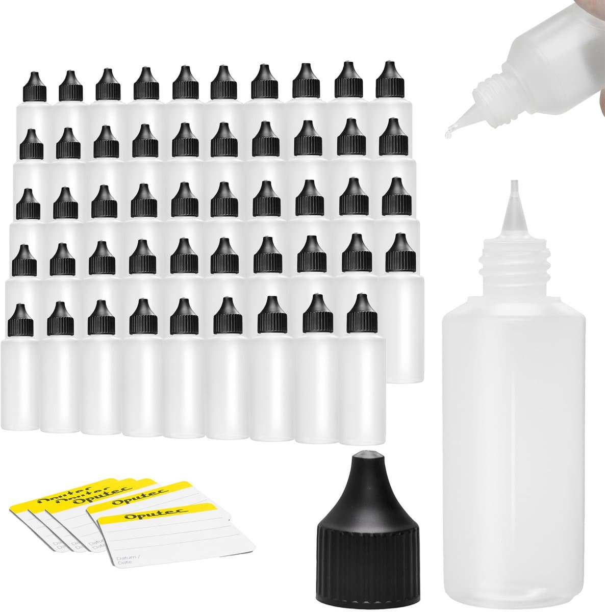 Oputec 50x 100 ml druppelflessen – PE doseerflessen – levensmiddelveilig + etiketten
