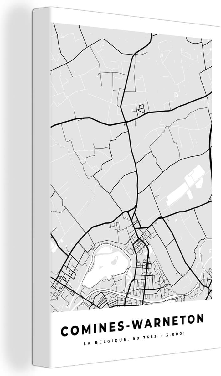 Canvas Schilderij Zwart Wit – België – Plattegrond – Stadskaart – Kaart – Comines Warneton - 60x90 cm - Wanddecoratie