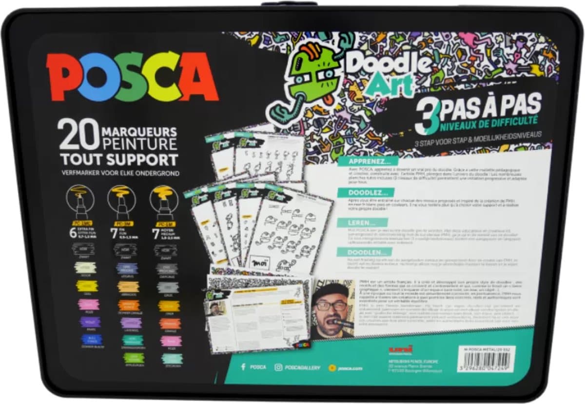 Posca Doodle Art - Stiften - 20 markers in koffer - Permanente inkt - Ondoorzichtig en mat