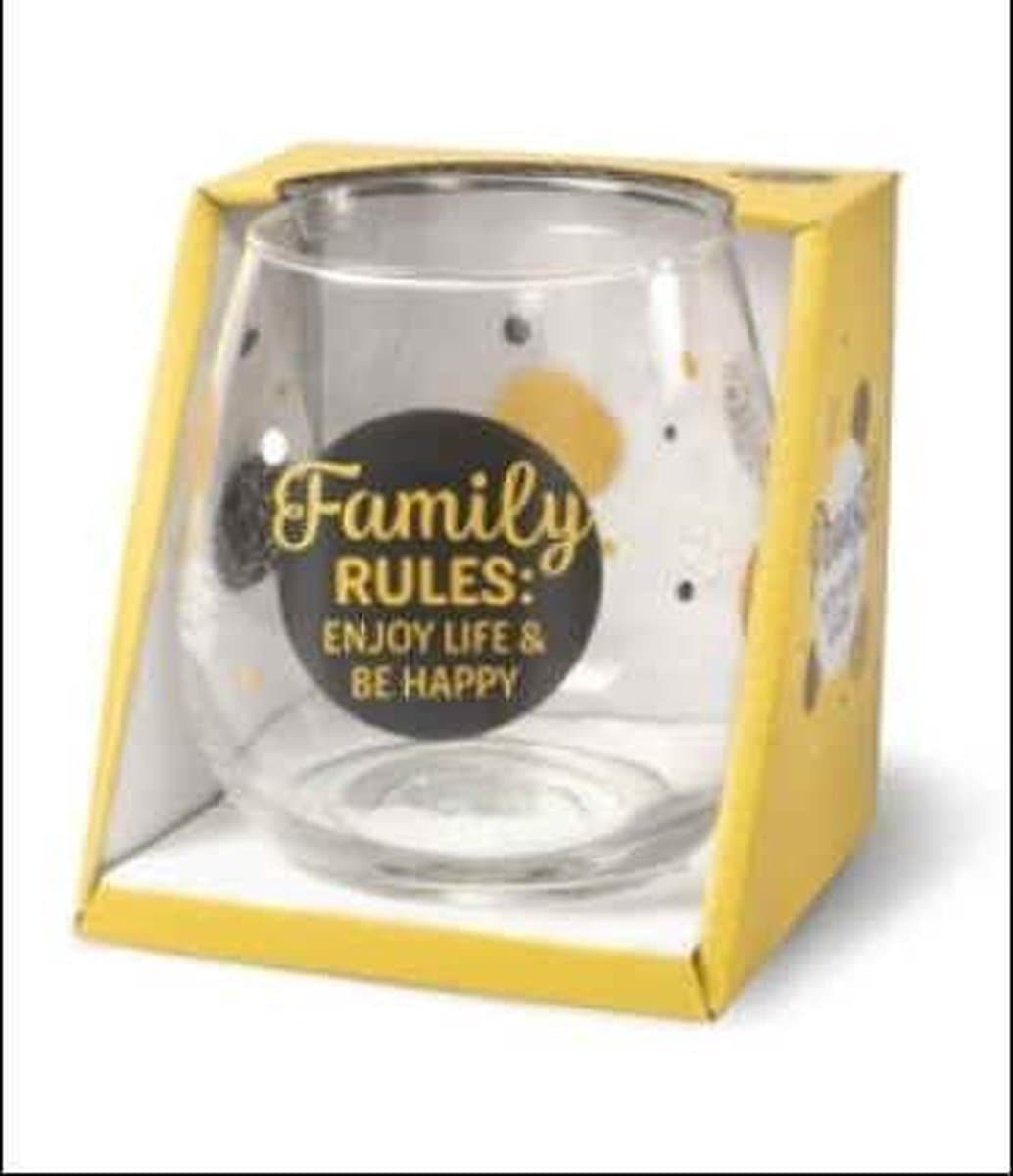 Wijnglas - Waterglas - Family Rules: enjoy life & be happy - Gevuld met verpakte Italiaanse bonbons - In cadeauverpakking met gekleurd lint