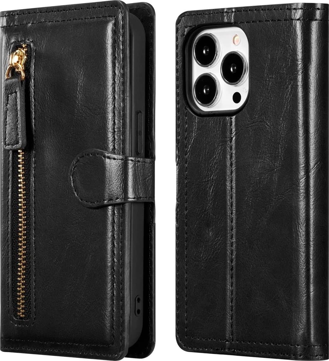 LuxeBass Hoesje geschikt voor Apple iPhone 13 Mini - Boekhoesje - Zwart - Vintage portemonne hoes met ritssluiting gsm hoesje - telefoonhoes - telefoonhoesjes