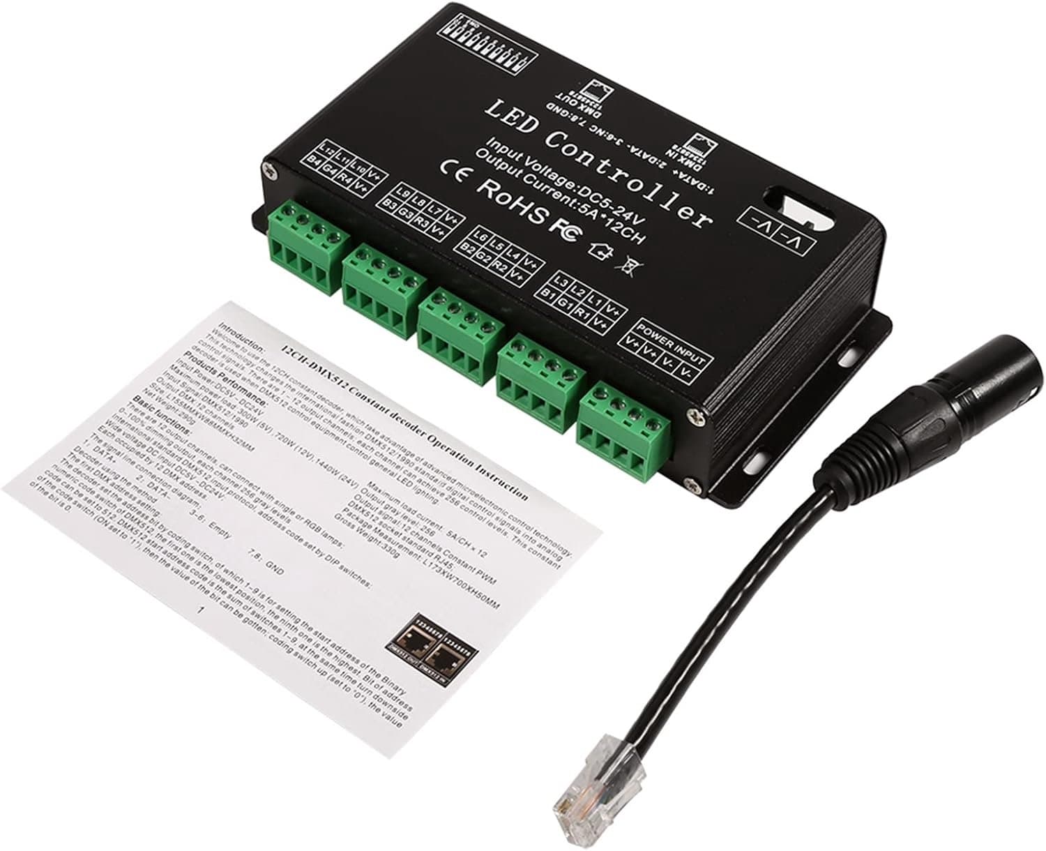 DMX512 RGB LED-controller 12-kanaalsdecoder met 256 grijsniveaus Brede DC5V24V-ingang voor podiumverlichting en LED-strips, zwarte kleur