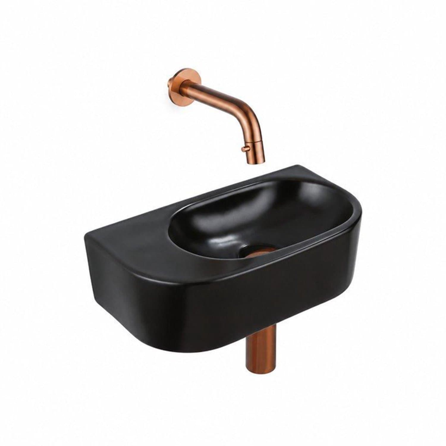 QeramiQ Fuente Fonteinset - 40x21.5x12cm - glad - halfrond - keramiek - fonteinkraan geborsteld koper - afvoerplug - verlaagd sifon - zwart mat