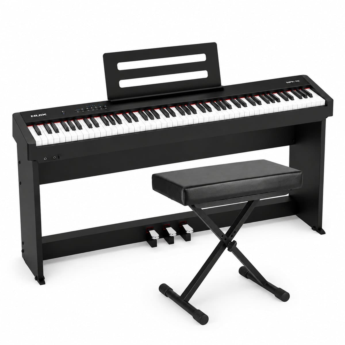 NUX NPK-10 digitale stage piano zwart met NPS1 standaard, 88 toetsen en kruk