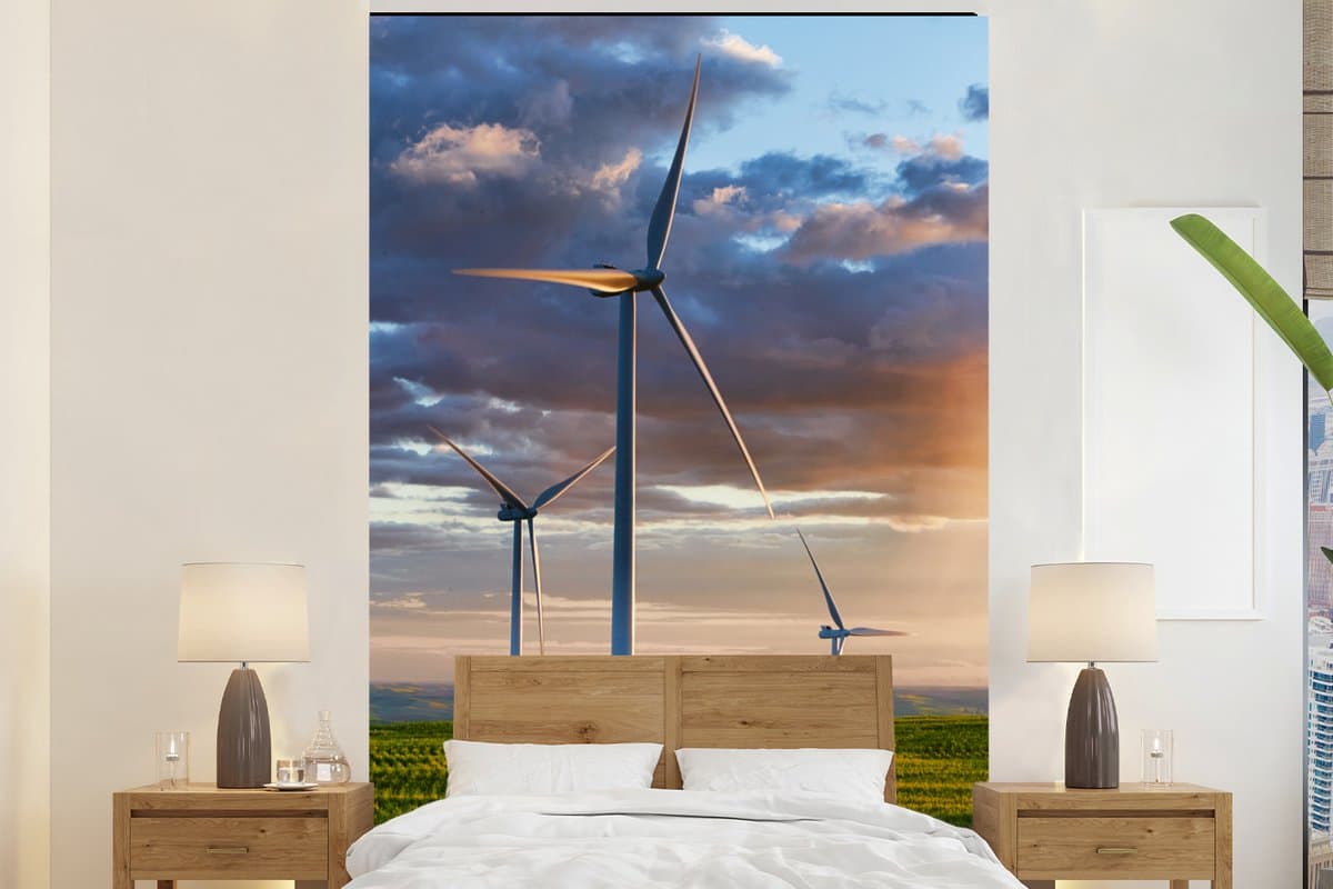 Behang - Fotobehang De zon schijnt op verschillende windmolens in de VS - Breedte 180 cm x hoogte 280 cm