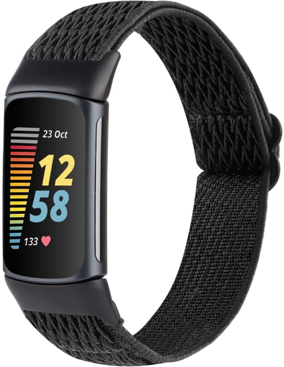 Voor Fitbit Charge 5 Buckle Wave gevlochten nylon horlogeband (zwart)