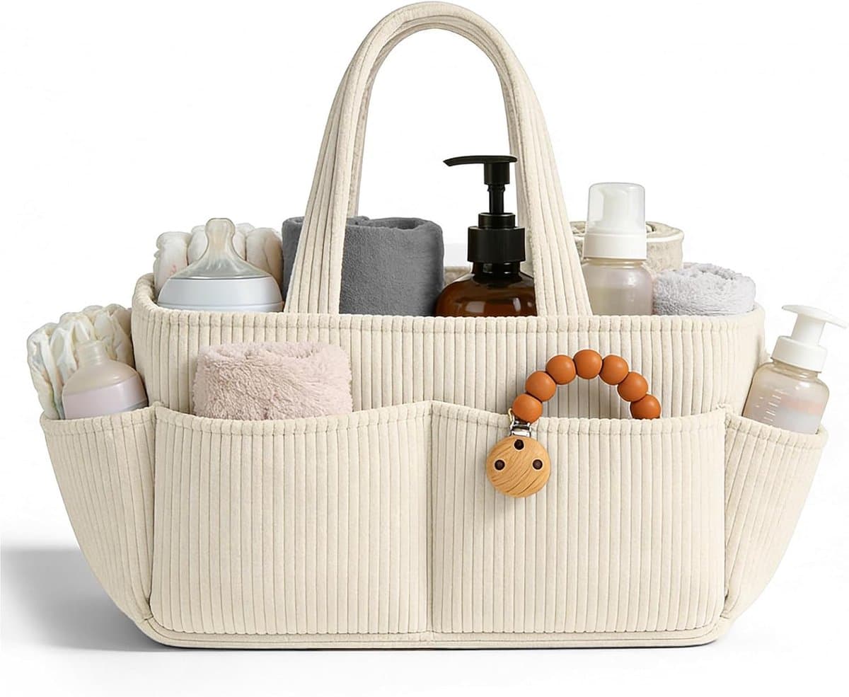 SnelShoppen - Luiermand Crèmewit, Organizer voor Luiertafel, Luiertas met Verwisselbare Vakken, Stijlvolle Opbergmand voor Kinderkamer, Babycadeau voo
