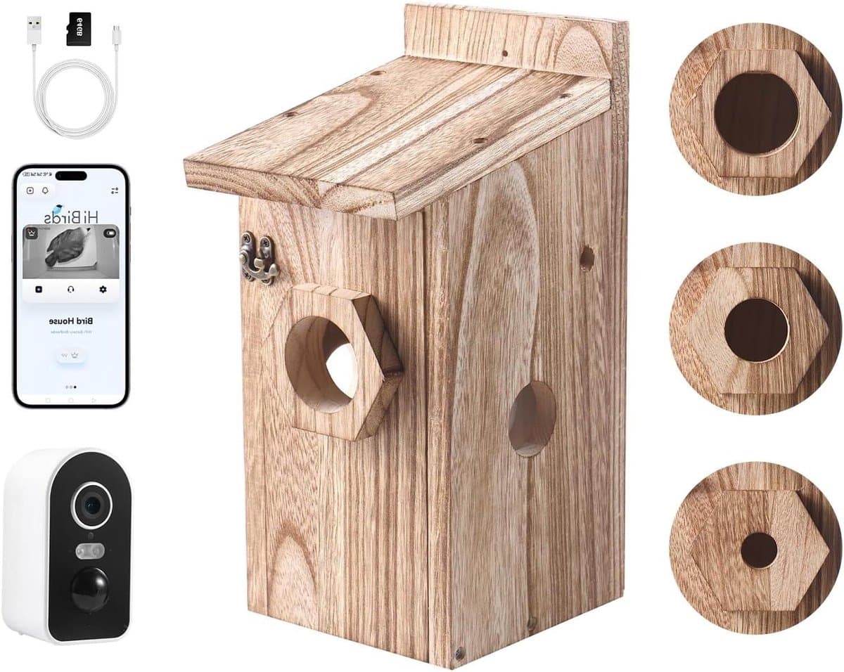 Vogelhuis Camera - Nestkast met Wifi - Vogels Observeren - 4MP Kleuren Nachtzicht - 32GB Opslag - Houtkleurig