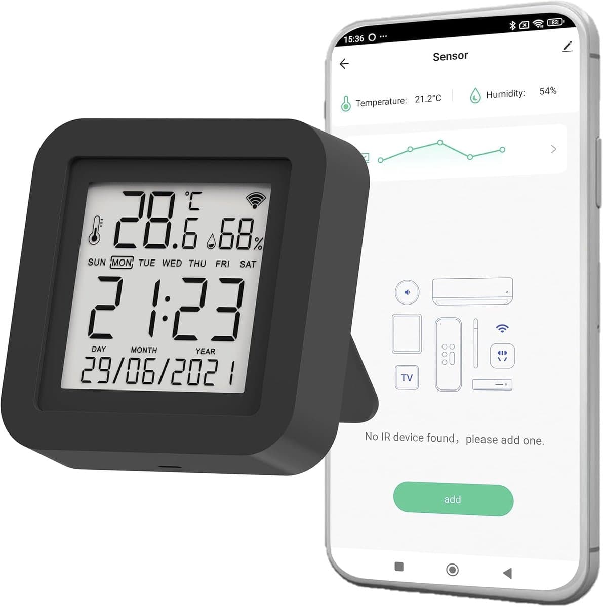 Intelligente infraroodcontroller – WiFi 2,4 GHz – bediening van IR-apparaten – bereik tot 10 m met 360 graden afdekking – compatibel met Amazon Alexa en Google Home (1 TemphumiR)