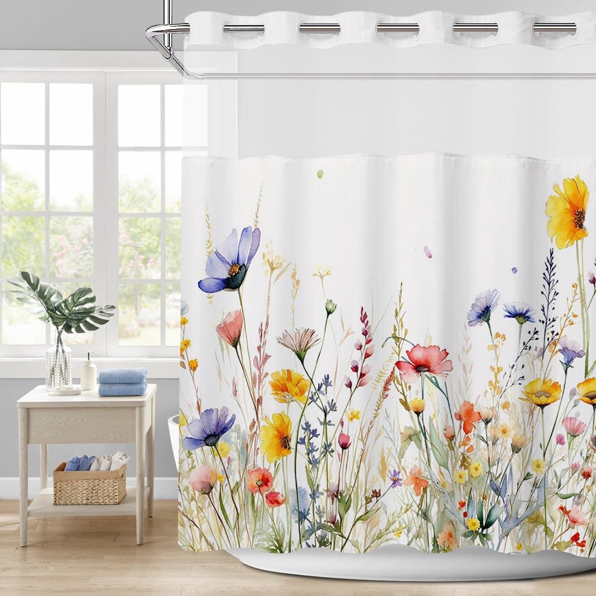 Douchegordijn met snap-in-voering, aquarelbloemen, douchegordijnen, doorzichtig mesh-bovendeel, verzwaarde zoom, waterdichte stof, bloemen-hotel-badgordijn, set 180 x 180 cm