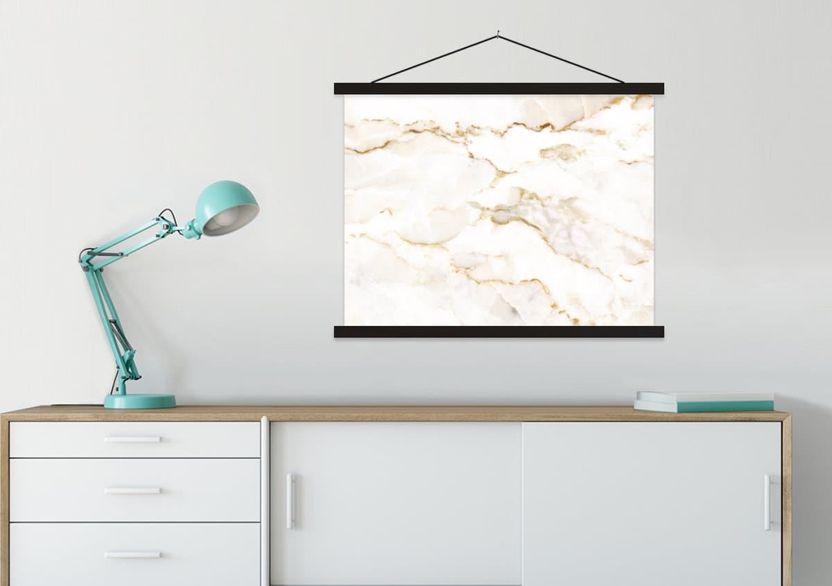 Posterhanger incl. Poster 60x45 cm - Schoolplaat - Marmer - Kalk - Goud - Luxe - Marmerlook - Wit - Textielposter - Zwarte latten