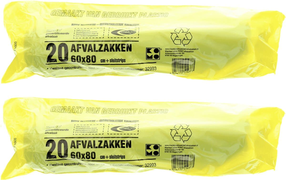 Komo Vuilniszakken - 60x stuks - 50L - afvalzak - extra stevig - lekvrij - gerecycled plastic - incl sluitstrips