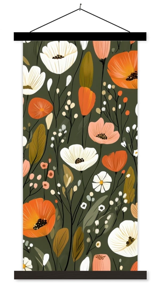 Posterhanger incl. Poster 60x120 cm - Schoolplaat - Bloemen - Illustratie - Groen - Textielposter - Zwarte latten