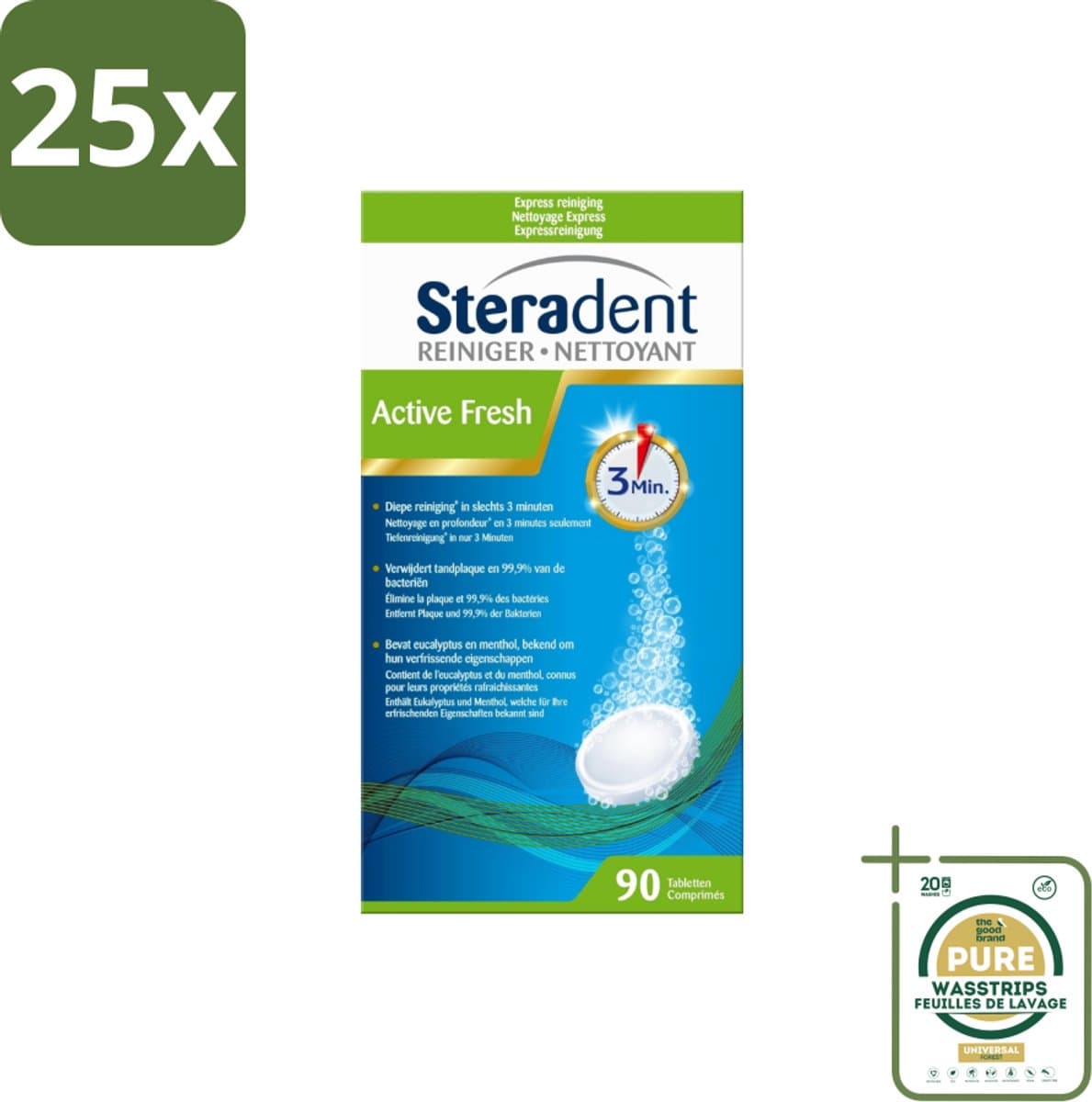 25 x Steradent - Kunstgebitreiniger - Active Fresh - Menthol En Eucalyptus - 90 Tabletten - Grootverpakking - Kunstgebit Reinigen - Zahnprothese Reinigen - Tandplak Verwijderen - Frisheid Geven - Kunstgebit Reinigingstabletten