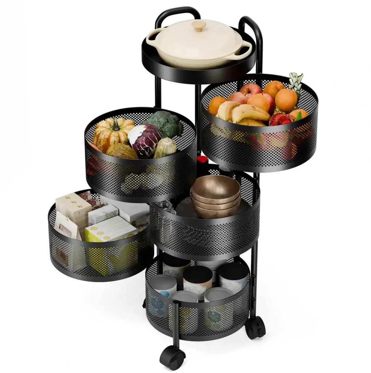 AsaamOpbergplanken Rek- Fruit - Groentemand-Roterende -Keuken -Opbergorganisator, Fruitmand -Zwart