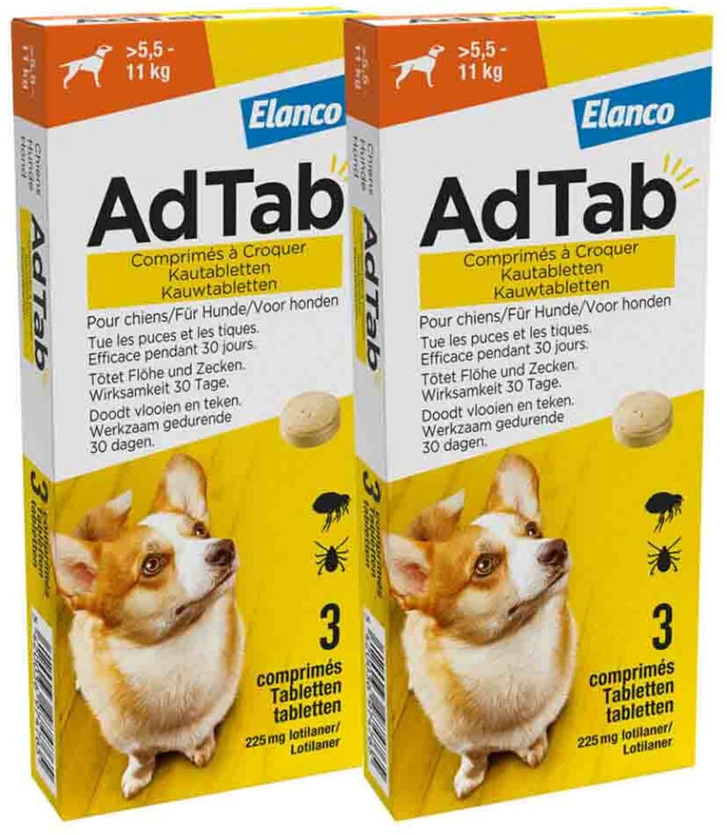 AdTab Anti Vlo en Teek Kauwtabletten Hond >5,5-11 kg - 2 x 3 tabletten - Voordeelverpakking